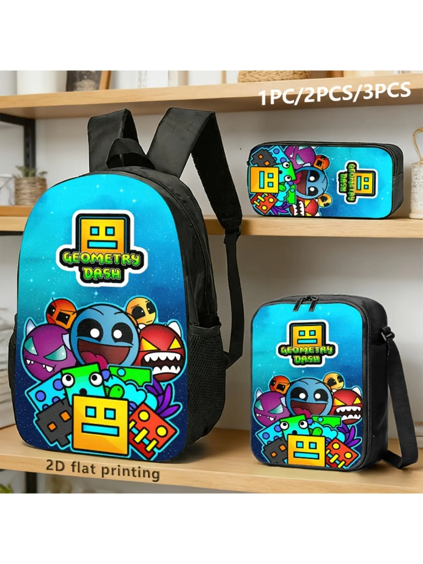 Unbranded Backpacks, Lightweight Backpack, Shoulder Bags, Storage Bags Designed with a Geometric Dash Theme, Available in 1pc/2pcs, They Feature 2D Printed Designs with Cartoon Characters, Suitable for Daily Commutes, Short Trips