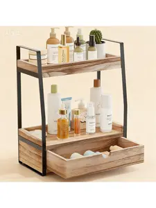 Brown 2-Tier Countertop Organizer, Bathroom Vanity Storage Shelf, Space Saving Sink Caddy, Rustic Wood Finish, Sturdy Counter Shelf