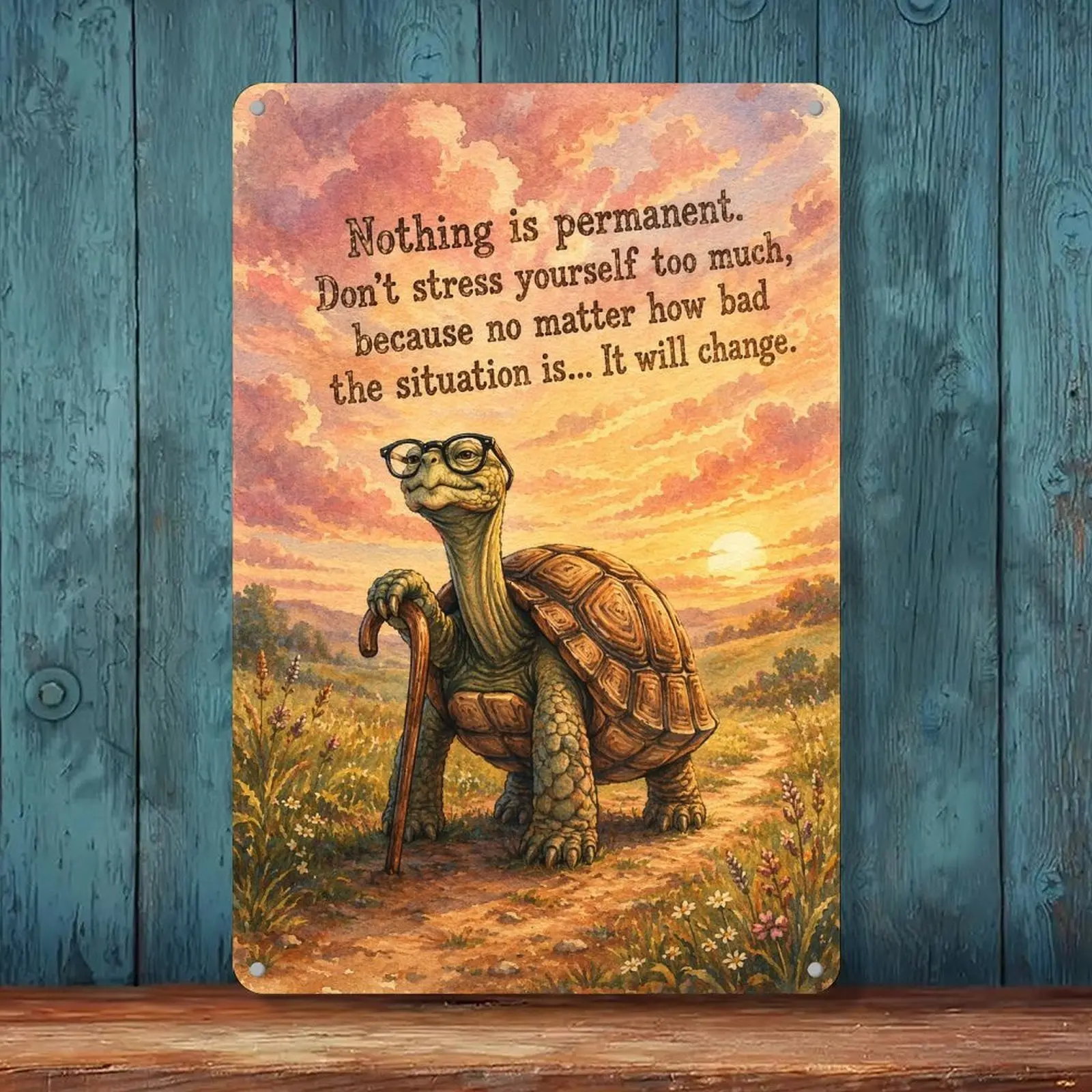 "Nothing Is Permanent" Motivational Metal Tin Turtle Wall Decor Poster, 8×12 in Retro Sunset Landscape Room Art Collectibles for Office, Dining Room, Bar, Club