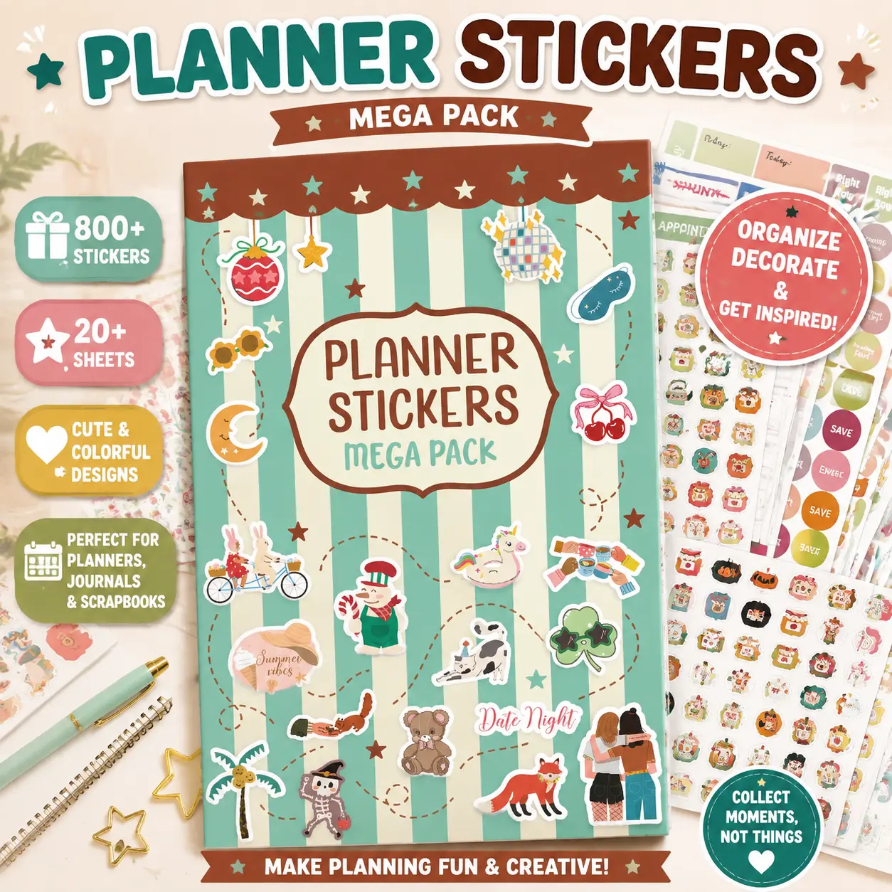 Planner Stickers Mega Pack 1021 Pcs 24 Sheets, Daily Monthly Holiday Icon Stickers for Journal Planner Calendar Agenda Scrapbooking DIY Decor