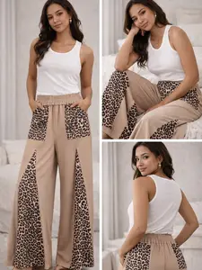 Straw Yellow Mineral Wash Leopard Patchwork Wide Leg Pants