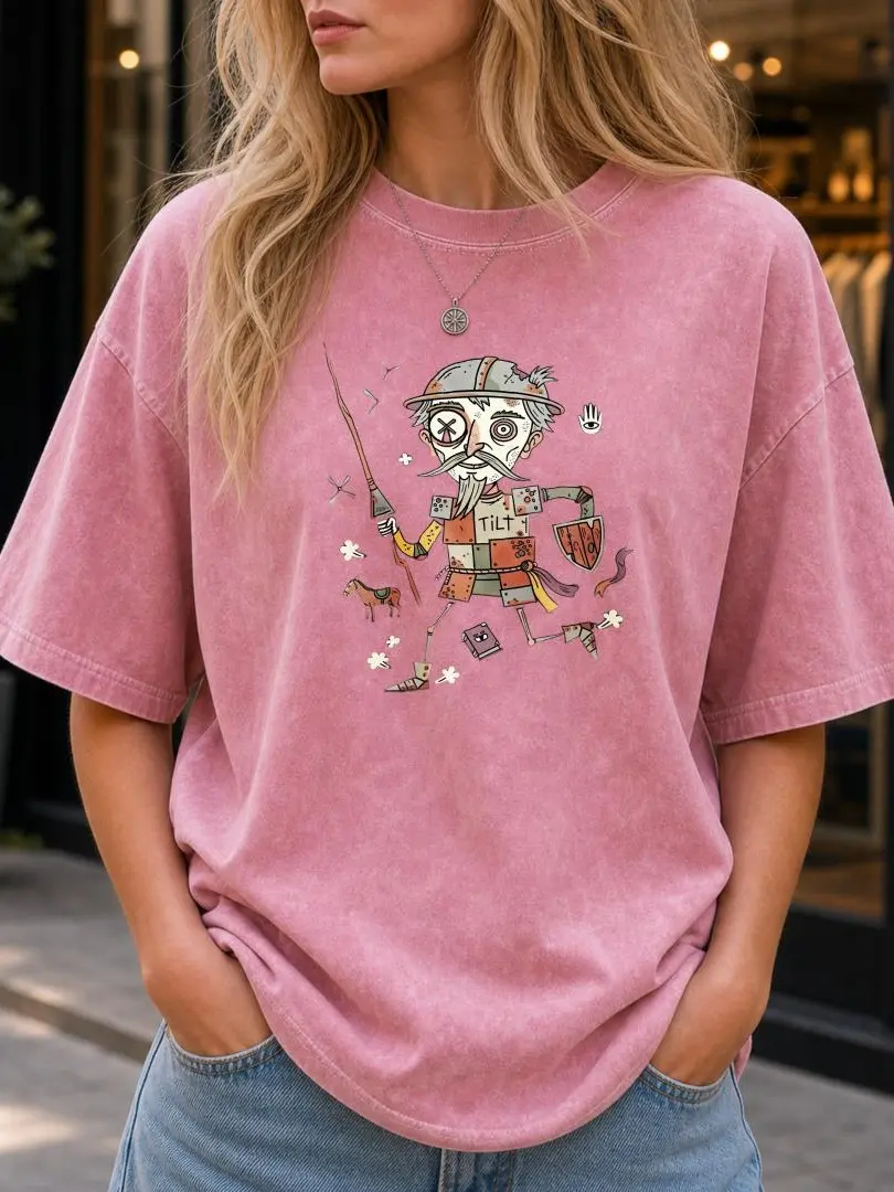 Don Quixote Graphic T-Shirt, Vintage Washed 100% Cotton, Lightweight Relaxed Fit Everyday Essential for Women, Book Lover Gift