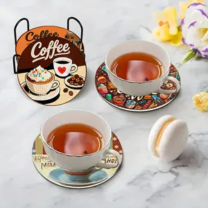 8Pcs Coffee Diamond Painting Coasters, DIY 5D Retro Cup Mats with Metal Stand, Non-Slip Drink Coasters, Diamond Painting Accessories for Table Decor