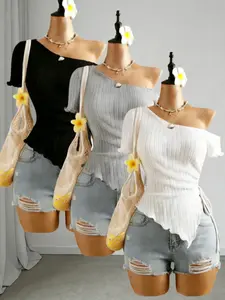 European and American Style Asymmetrical Shoulder Textured Off-Shoulder Short Top, Three-Piece Set, Outerwear T-Shirt, Casual Fashionable