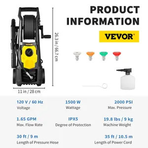 VEVOR Electric Pressure Washer, 2000 PSI, Max 1.65 GPM Power Washer with 30 ft Hose Reel, 5 Quick Connect Nozzles, Foam Cannon, Portable to Clean Patios, Cars, Fences, Driveways, ETL Listed