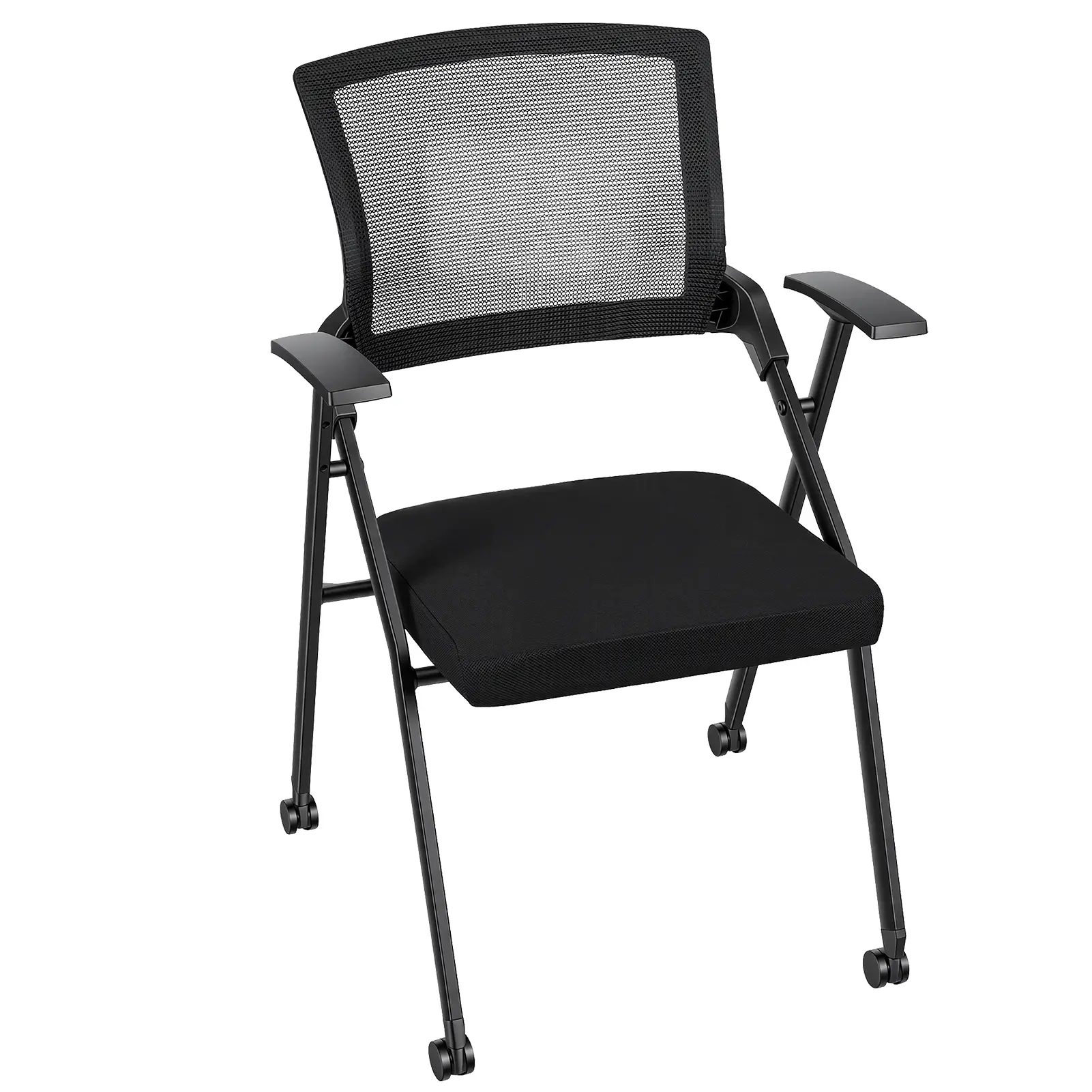 Commercial Office Meeting Chair - Foldable, Stackable, Ergonomic Mesh Back, Armrest, PU Wheels, Black Heavy-Duty Plastic Chair for Supportive Sitting, Posture Fix, WFH Setup, Home Office Guest & Reception Furniture, Home Office Ideas