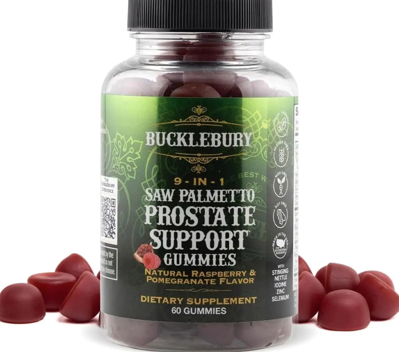 BUCKLEBURY 9-in-1 Natural Saw Palmetto Gummies with Raspberry & Pomegranate Flavor - Plant-Based Prostate Support Supplements for Mens Bladder Health, Hair Growth & Urinary Support - 60 Gummies