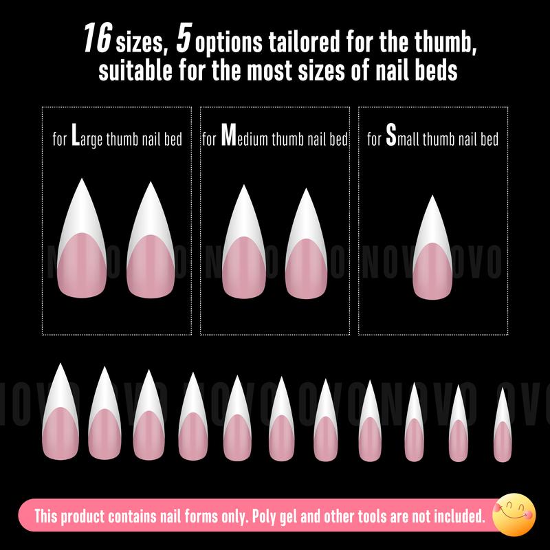 NOVO OVO White French Tip Sharp Stiletto Pointed Medium Long Nail Tips Press on Berry Pink,Soft Gel Fake Acrylic Extension, Full Cover False Nails for Salon DIY x 16 Sizes 160 pcs【NO GLUE ,TOP COATAND LAMP INCLUDED】
