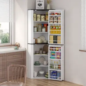 Corner Cabinet Kitchen Pantry Freestanding Storage Cabinet with 2 Doors & Shelves Farmhouse Tall Food Pantry for Kitchen Dining Room White