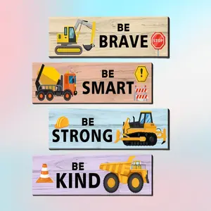 4-Piece Construction Theme Wooden Plaques Set, Inspirational Quotes Decor for Boys' Bedroom, Baby Room, Playroom, Ideal Gift for Kids