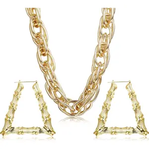 FINREZIO 3Pcs Chunky Rope Chain Necklace and Large Hollow Casting Triangle Bamboo Hoop Earrings Set for Men Women Punk Hip Hop Costume Kit 80s 90s Rapper Accessories Jewelry initialnecklace men's jewelry vintage jewelry earring stack non tarnish jewelry