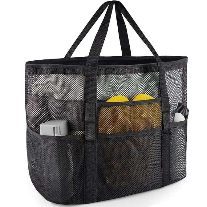 Women's High-Capacity Breathable Mesh Beach Tote Bag - 9.5in Wide Shoulder Straps, 16.5''L x 8.5''W x 15''H, Foldable, Hangable, Multi-Pocket with Zipper Pocket, Tear-Resistant, Lightweight, Leisure Bag, Great Durability, Casual Family Vacation Luggage, P