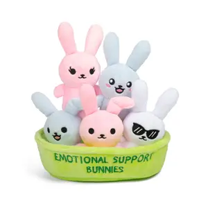 Emotional Support Bunnies by Relatable, Easter Plush Cuddly Stuffed Animals and Toys, Cute Easter Basket Stuffer, Non Candy Easter Gift Ideas for Kids, Includes 5 Plushies with Carrying Basket