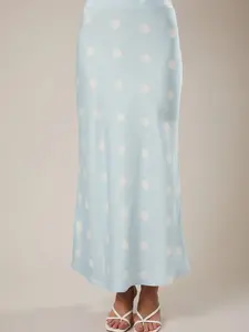 Satin Midi Skirt with Elastic Waist in Polka Dot