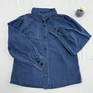 Zhangyan Women Bow Denim Shirt Fall Winter Chic Teacher Outfit Christmas New Year Holiday Aesthetic Top Trending Long Sleeve Button Down Womenswear
