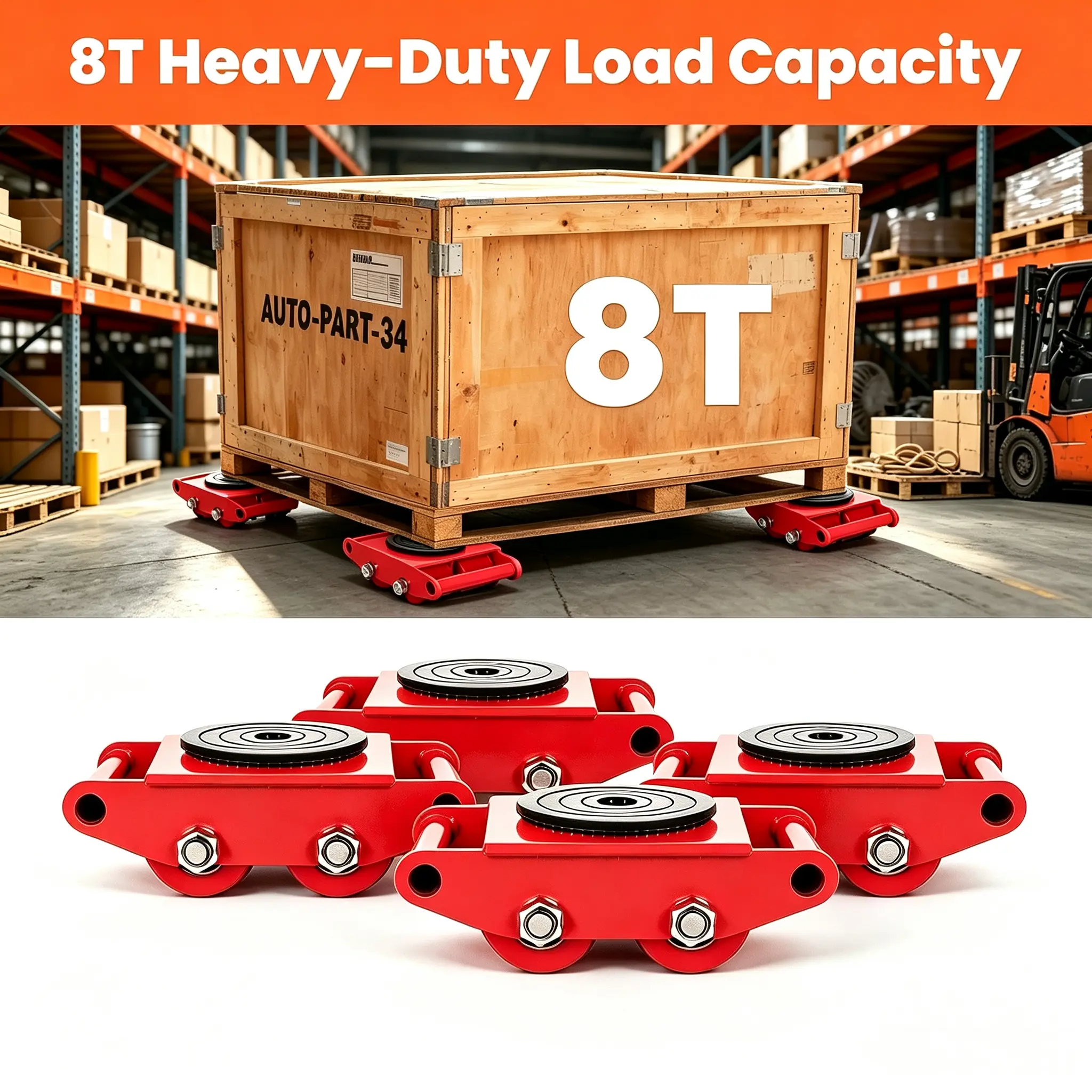 4pcs Low Profile Carbon Steel Machinery Skates - 8T Heavy Duty Moving Dollies Set with 360° Rotate Swivel Plate, PU Casters, Reinforced Bolts, Shipping Container Wheels for Industrial Equipment, Furniture Moving