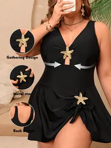 New Plus Size Women's One-Piece Swimsuit, Starfish Dress Swimwear, Starfish Decoration, Elegant Beach Style, Skirted Bathing Suit, Swimdress Bathing Suits, Swimsuit For Beach