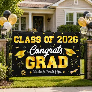 SummerVibes 71x 48 Inch Class of 2026 Graduation Banner Black & Gold Congrats Grad Large Photo Booth Backdrop Durable Reusable Decor for Parties