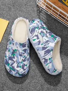 Men Women Winter Warm Cotton Lined Slip-On Mules Shoes, Geometric Random Print, Comfortable Casual Outdoor Footwear