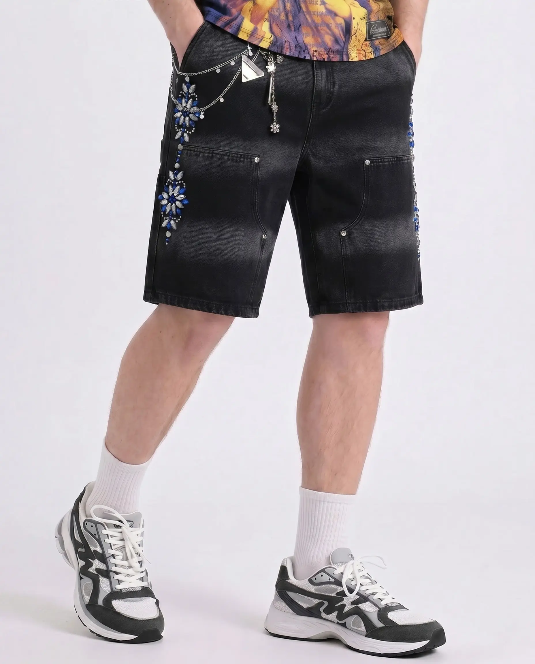 WATSON SIDE CRYSTAL BLACK DENIM CARPENTER SHORTS