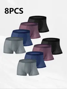 Men's Sexy Mesh Underwear Set Boxers, Flat Front, Ice Silk Texture, Plain Color, Sport Style, Seamless, Lightweight, Youthful Design