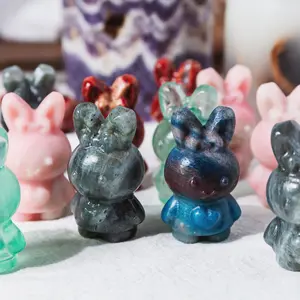 Natural Crystal Miffy Bunny Hand Carved Stone Figurine for Decor & Gifts Red Jasper Green Fluorite Trolleite Labradorite Pink Opal Ornaments