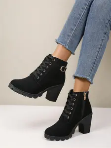 New Women's Short Buckle High Heel Ankle Boots, Zipper Lace-Up Fashion Rubber Boots for All Seasons, Modern Style Round Toe Medium Width