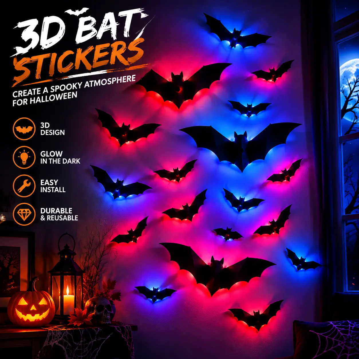 3D LED Bat Decorations for Halloween, 12/24PCS Light Up Bat Wall Decor with Spooky Glow, 3 Sizes (10.5"/12.5"/16.5"), Easy Install Halloween Party Decorations for Home, Window & Door