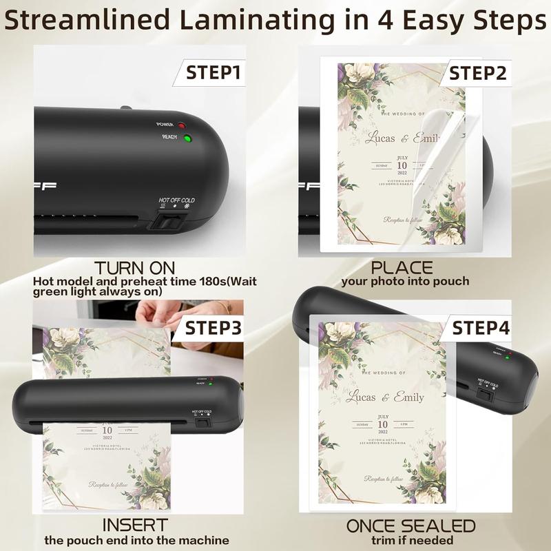 Laminator Machine 9-Inch Portable Thermal Laminater with Hot & Cold Modes, A4 Small Laminating Machine with ABS Jam-Release, 3-Min Warm-Up, 6-in-1 Photo Laminadoras Kit for Office & Classroom, Black