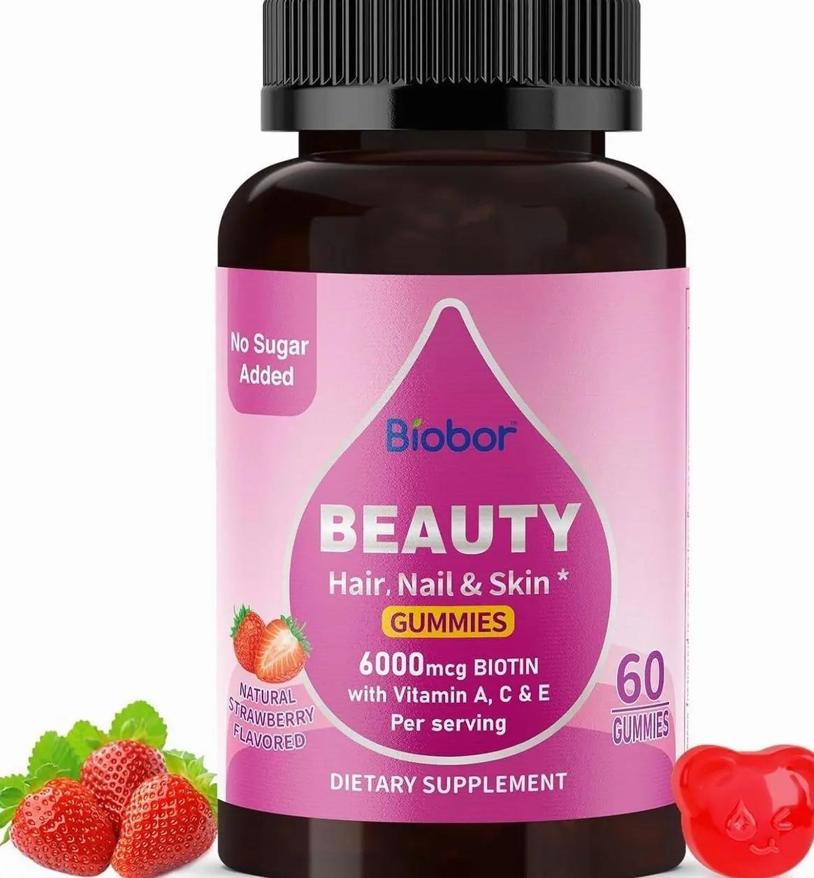 Beauty Gummies No Sugar Added, Hair Skin and Nails with Vitamins A C E, Natural 6000mcg Biotin Gummies for Women Men, GMO Free, Gluten Free