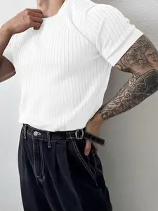 2026 Summer New Men's Military Solid Color Knitted Short Sleeve T-Shirt, Round Neck, Slim Fit, Elastic Ice Silk Underwear