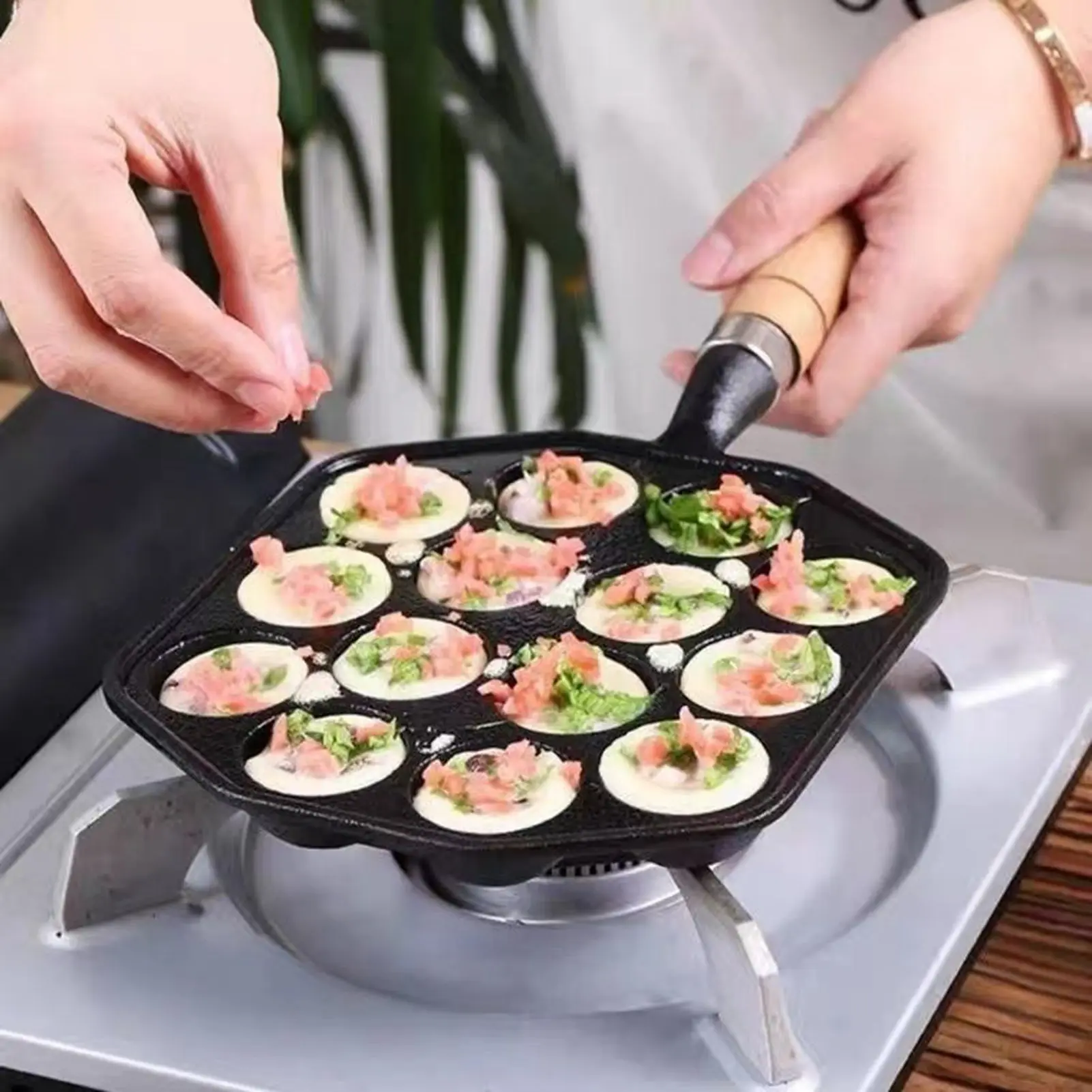 14-Hole Nonstick Cast Iron Takoyaki Pan - Hanging Uncoated Iron Pans & Woks Octopus Meat Ball Mold Maker with Detachable Handle for Home Baking
