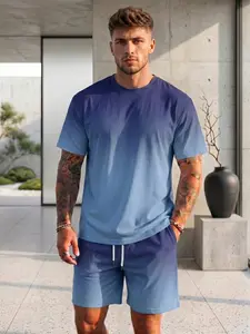 Men's Casual Ombre Set, 2-Piece Brown Gradient T-Shirt & Elastic Waist Shorts, Polyester Quick Dry Outfit for Summer, Stylish Loungewear for Men, Great for Travel & Outdoor Activities