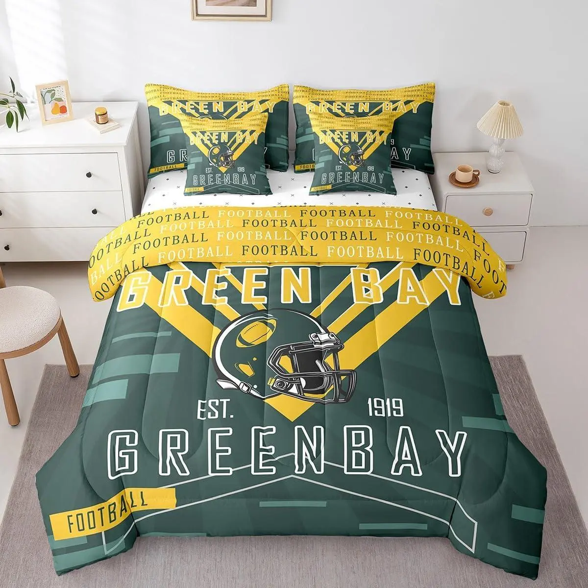 Football 7 Pieces Comforter Sets Bedding Set for All Season Rugby Sports Football City Bed in a Bag with Comforter,Sheets,Pillowcases & Cushion Cover