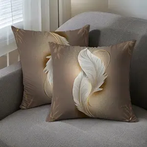 2 Piece Feather Pattern Single-Sided Print Pillowcases, 45x45 Cm Polyester Luxury, Zipper Closure, Farmhouse Decorative Cushion Covers