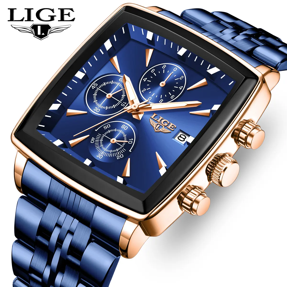 LIGE Men’s Luxury Analog Quartz Wristwatch - Business Fashion, Bold Modern Style, Subtle Craftsmanship, Waterproof, Luminous, Calendar, Multicolor Square Face Dial, Silver & Gold Stainless Steel Strap with Buckle, Analog Quartz Watch, Business Fashion Wat