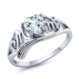 Gem Stone King 0.74 Ct Heart Shape Sky Blue Aquamarine Red Garnet 925 Sterling Silver Ring