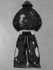 Men's Cool 2-Piece Set, Sweatsuit Set, Tracksuit Set, Hooded Sweatshirt & Sport Pants, Artistic Portrait Cross Star Print, Street Style, Fall&winter, Long Sleeve