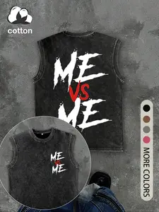 Men's Vintage Distressed "ME VS ME" Print Round Neck Tank Top, Regular Fit Casual Fashion Crew Neck Sleeveless Top for Summer, Men's Clothes for Daily Wear, Socks