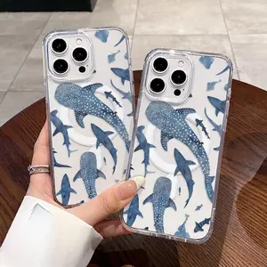 Whale Shark Wonders Pattern Magnetic Phone Case for iPhone 17 16 15 14 Pro Max 13 12 11 XR XS Plus E Anti-Yellowing Shockproof Lightweight Transparent Acrylic Large Hole Soft Cover Supports Wireless Charging