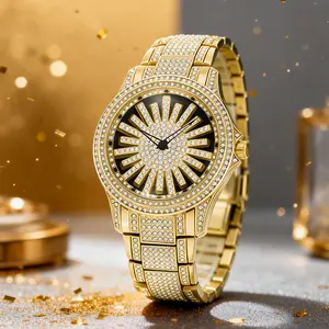 Men's Diamond - Encrusted Gold Watch, Business Quartz Chronograph with RotatingDiamond Dial, Sparkling Effect, WaterResistant, Party Daily Wear Birthday Gift (With Box)
