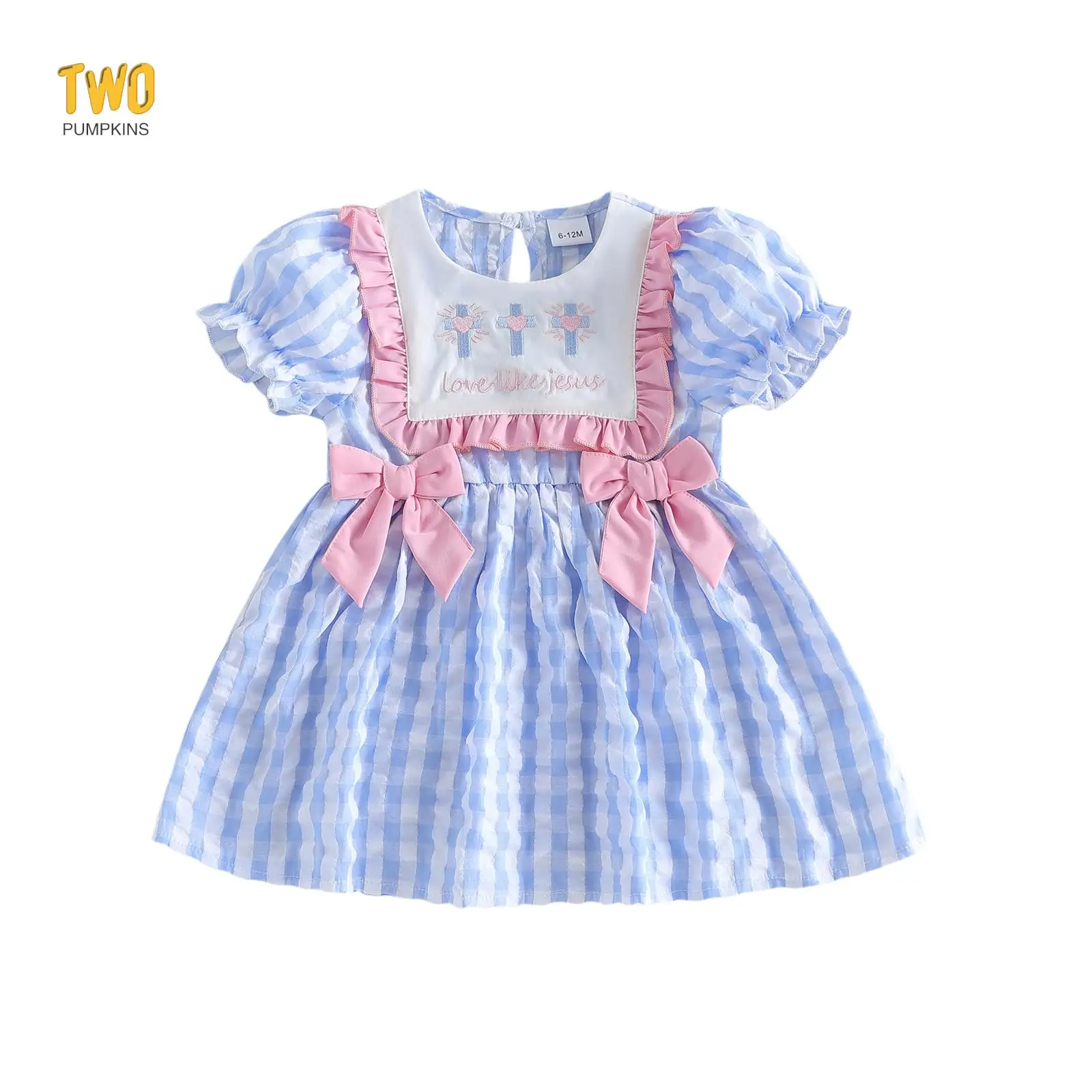 Toddler Baby Girl Easter Church Dresses Cross Embroidery Seersucker Striped  Short Sleeve Dress Infant Spring Outfits