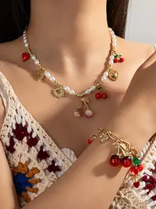 2pcsVintage Cherry Heart Pearl Necklace Bracelet Set, Unique Design Clavicle Chain, Fashion Jewelry for Women, Elegant Accessory, All Season Wear
