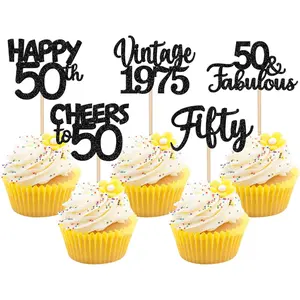 30PCS 50th Birthday Cupcake Toppers – Glitter "Fifty" Vintage 1975 Cake Picks – Cheers to 50 Fabulous Decorations for Birthday, Anniversary Party