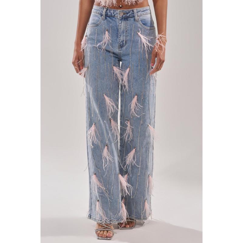 SHAKE IT FOR ME GIRL FEATHER EMBELLISHED DENIM