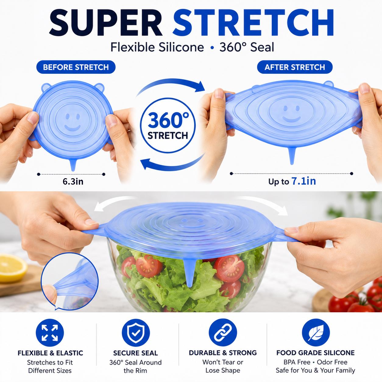 6 Pack Silicone Stretch Lids (2.6", 3.7", 4.3", 5.5", 6.3", 7.7"), Reusable Food Grade Silicone Covers for Bowls, Pots, Cups & Fruits, BPA Free 6 Pack Silicone Stretch Lids (2.6", 3.7", 4.3", 5.5", 6.3", 7.7"), Reusable Food Grade Silicone Covers for Bowls, Pots, Cups & Fruits, BPA Free