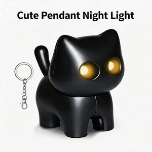 Kawaii Mini Black Cat LED Night Light Keychain, Portable Cat Figurine Key Ring Birthday Gift