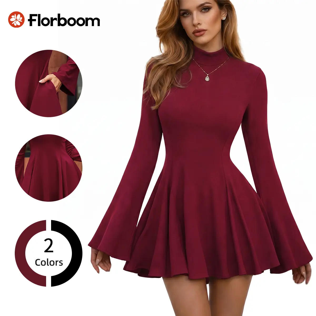 Florboom Women's Mock Neck Knit Mini Dress, Long Bell Sleeve, Fit and Flare Swing Dress with Pockets, Elegant A-Line Skater Dress for Christmas Holiday Party Date Night Fall Winter Outfit