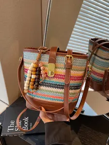 Rainbow Stripe Woven Bucket Bag, Boho Style Crossbody Shoulder Bag, Large Capacity, Wooden Bead Pendant, Daily Commute Handbag
