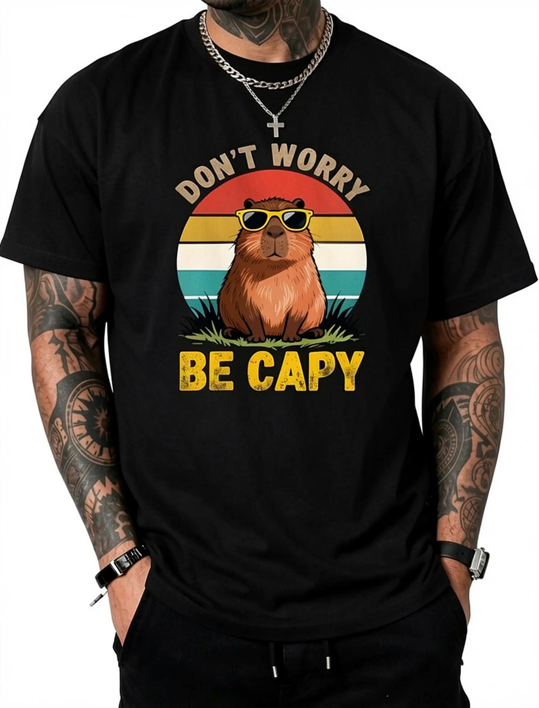 Men's Pure Cotton Crew Neck Vintage Humorous Slogan Streetwear Cartoon Capybara Short-Sleeve T-Shirt, "Don't Worry Be Capy Cute" Graphic Top, Birthday Gift for Men, Apparel T Shirt, Casual Graphic Top, T Shirts